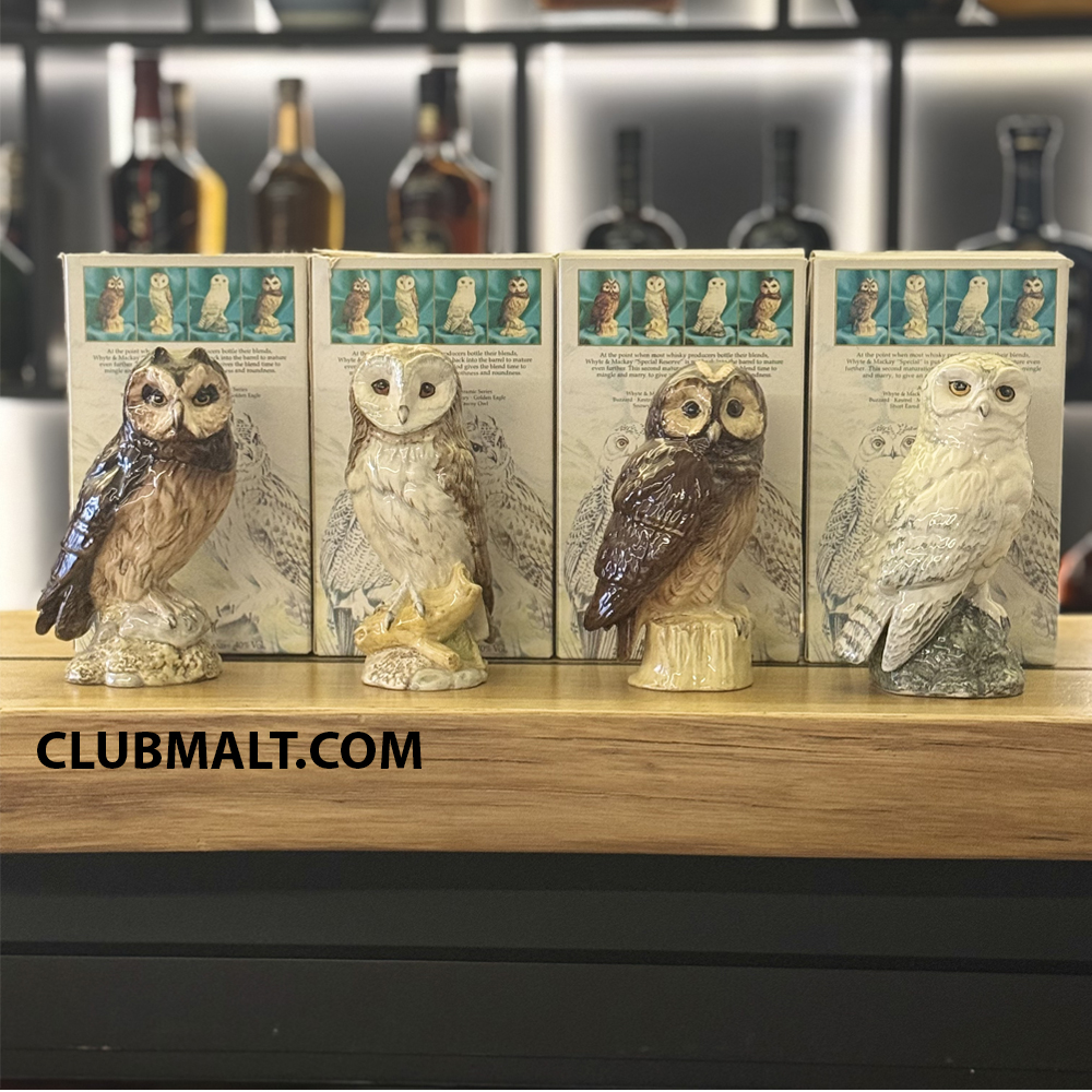WHYTE AND MACKAY SCOTTISH OWLS ROYAL DOULTON DECANTERS SET 4 x 20CL